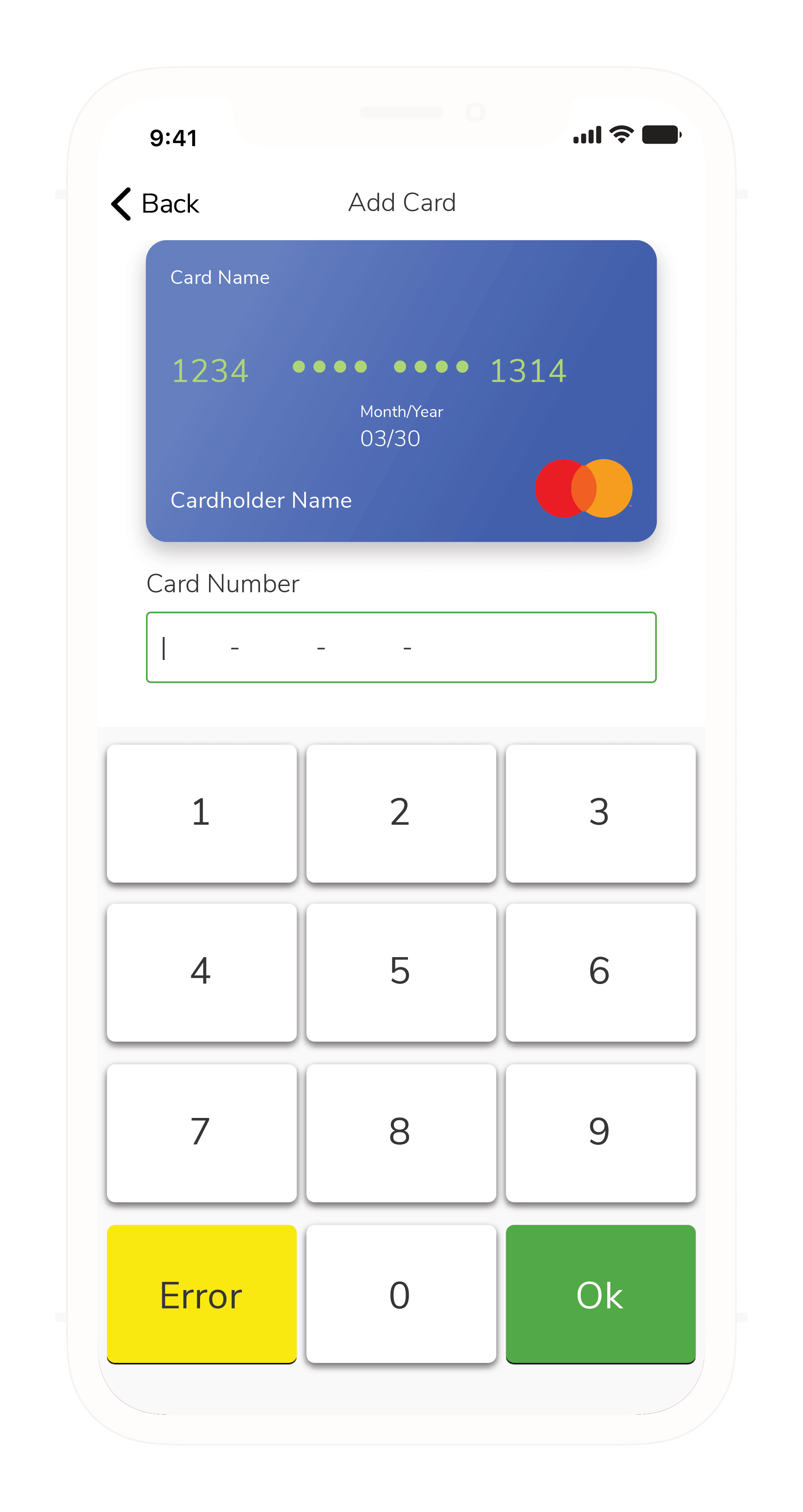 Screenshot showing the Credit Card input process that takes the user through a guided process to allow for successful data input using a graphic representation